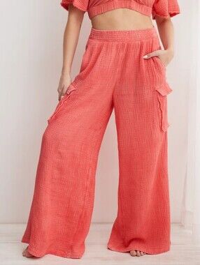 Aerie Gauzy High Waisted Cargo Pant in Coral Pink Size Small